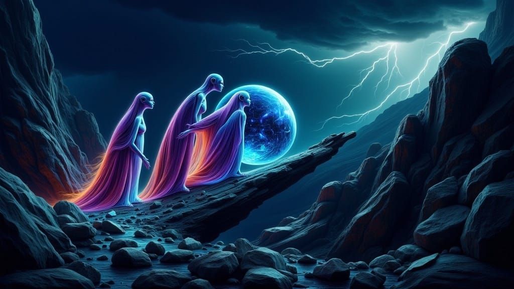 Ethereal Alien Maidens Ascend Celestial Mountain