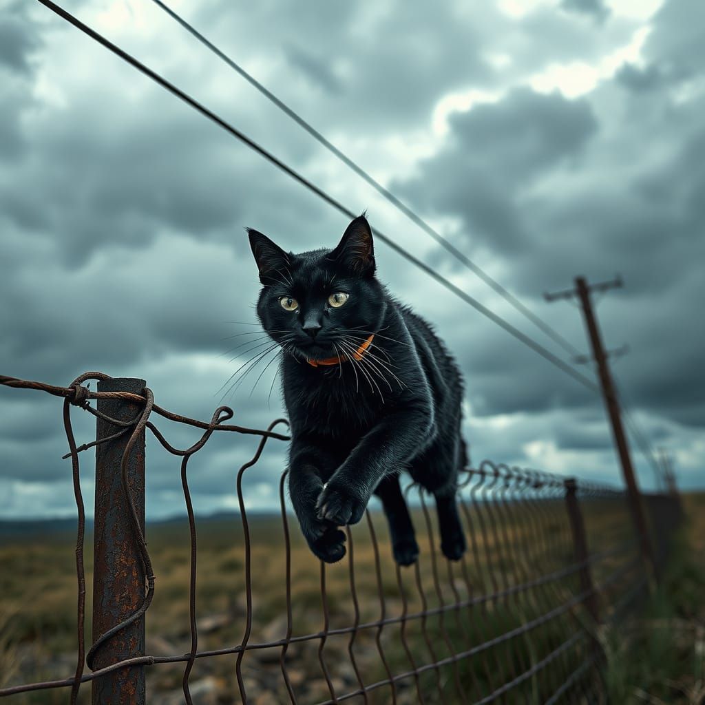 Black Cat Runs Electric Fence in Hyperrealistic Digital Art