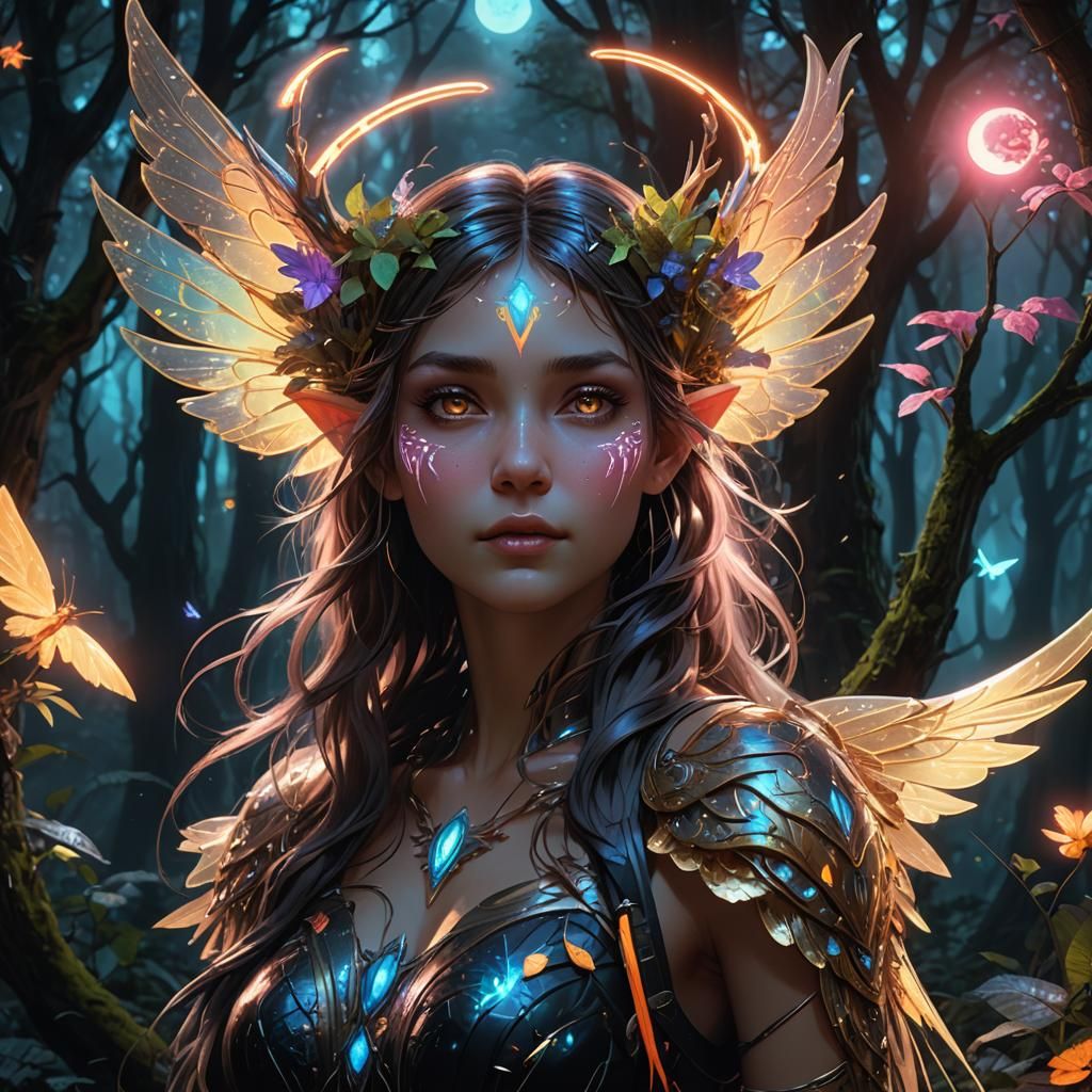 Neon Fairy in Dark Fantasy Forest