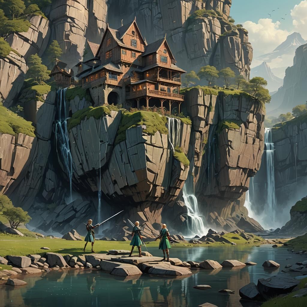 Fantasy Cliffside House with Elf Girls, Matte Painting