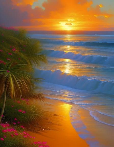 Tropical Beach Sunset with Roses: An Oil Painting