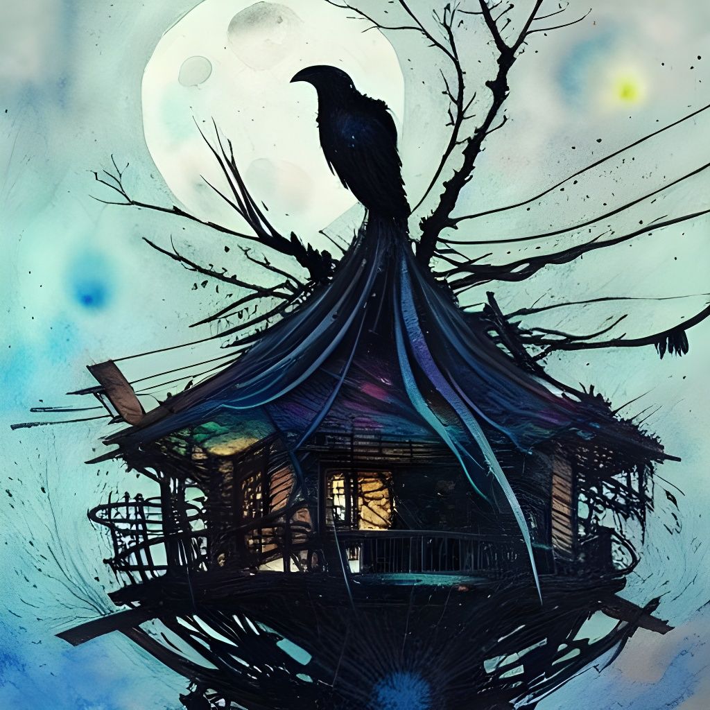 Cosmic Crow's Nest in Moonlight: Mixed Media Painting