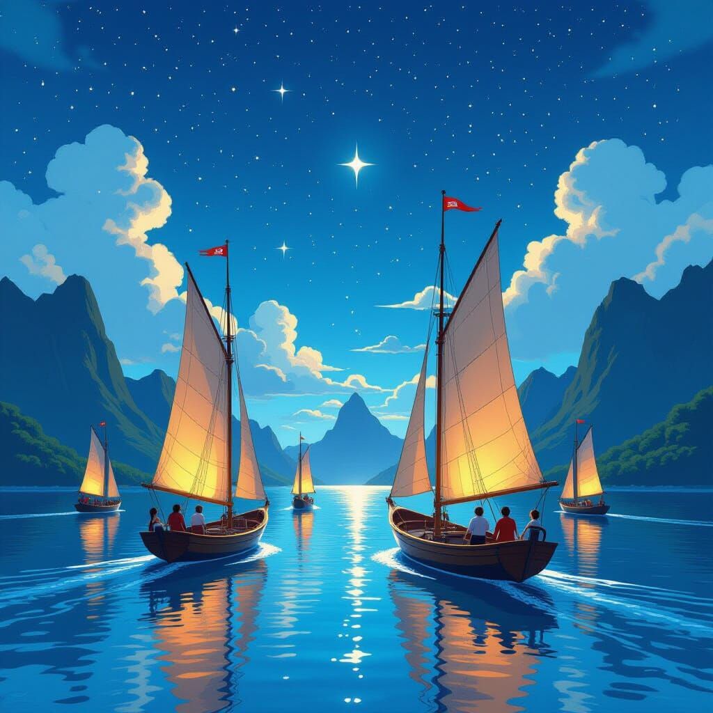 Surreal Polynesian Regatta Under Starry Night Sky