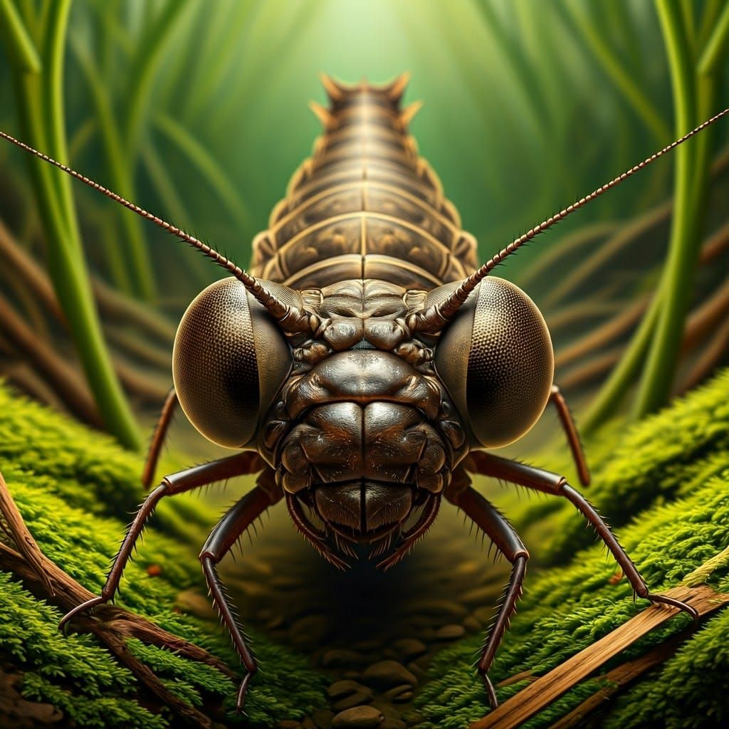 Dragonfly Larvae in Algae-Encrusted Swamp Habitat