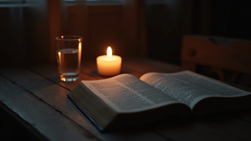 Open Bible with Candle on Table at Night
