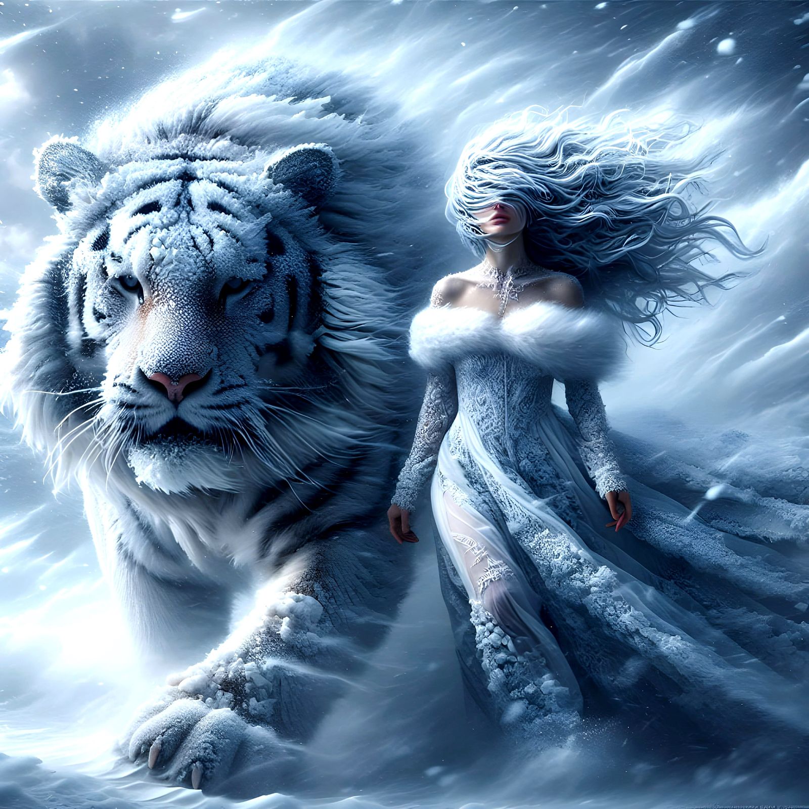 Woman and Maltese Tiger in Winter Blizzard