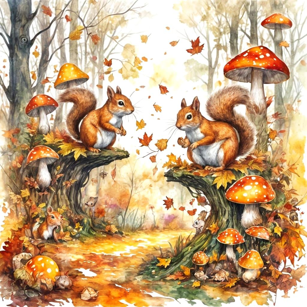 Whimsical Squirrels in Enchanted Autumn Forest