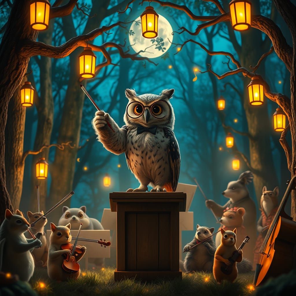 Wise Owl Conducts Forest Animals in Moonlit Orchestra