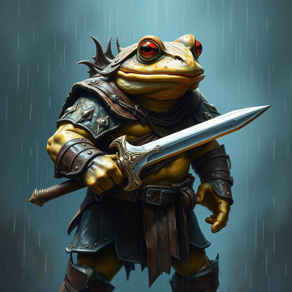 Frog Warrior in the Rain: Impasto Masterpiece