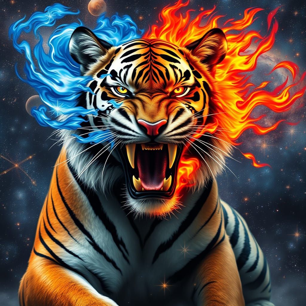 Cosmic Tiger Rises: Majestic Feline Amidst Swirling Galaxy