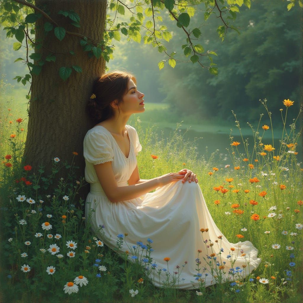 A Serene Woman in Harmony with Nature, in Impressionist Styl...