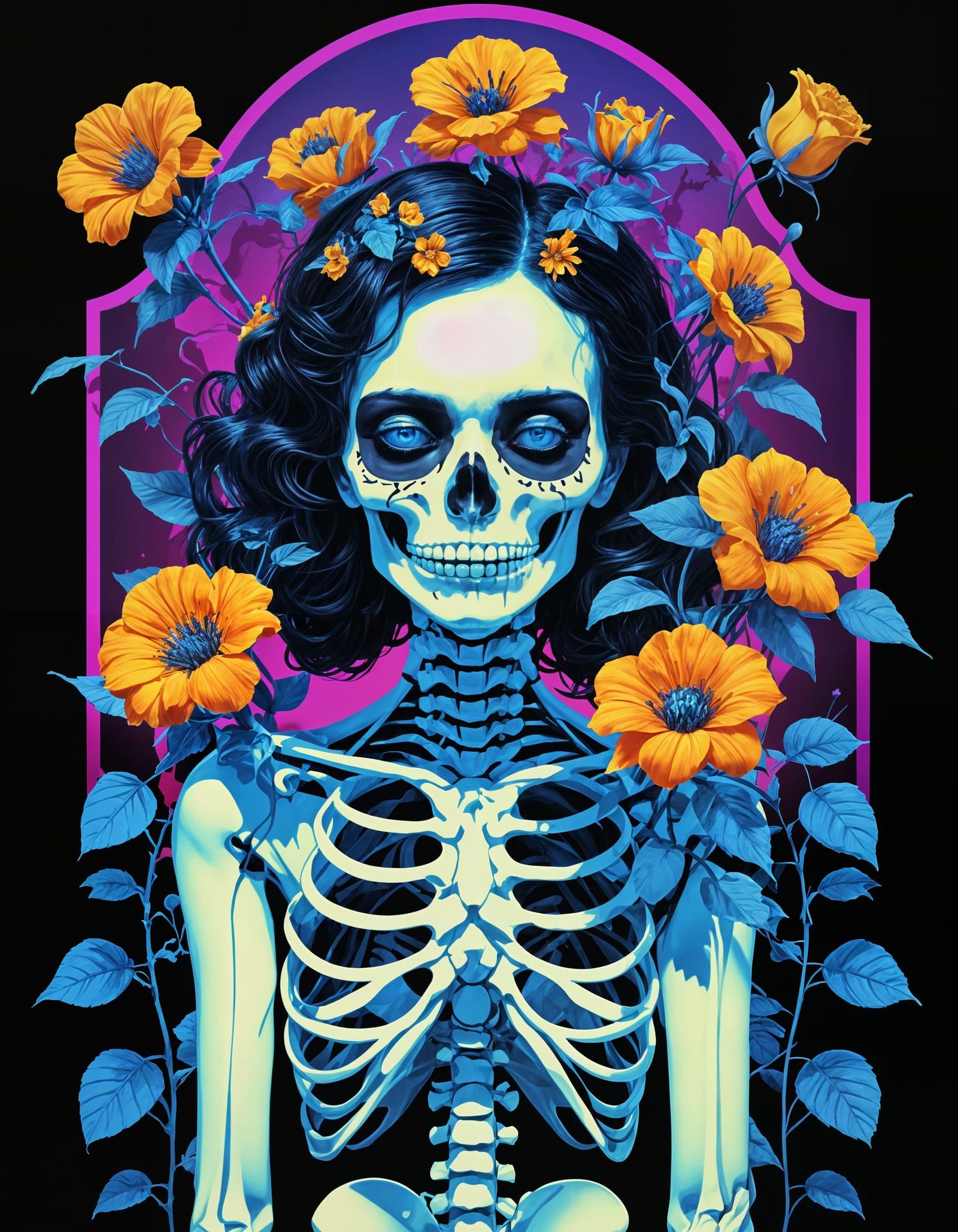 Skeleton Woman with Black Roses in Pop Art Style