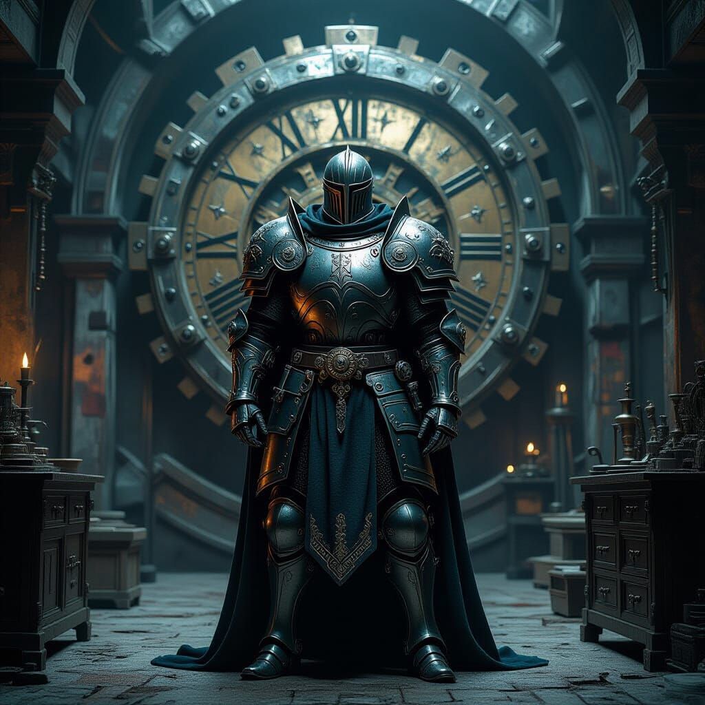 Knight in Mechanical Armor Guards Clockwork Gate