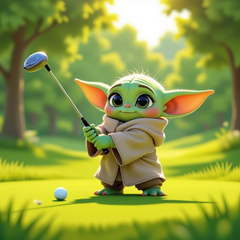 Grogu Playfully Swings Golf Club in Cartoon Style
