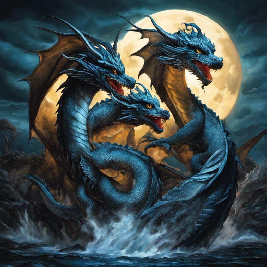 Moody Water Dragons in Stormy Moonlight: Ink Drawing