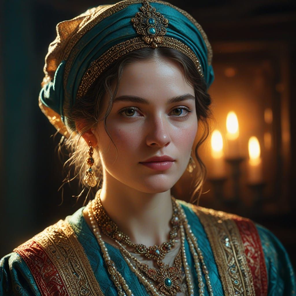 Woman in Intricate Clothing: Rembrandt-Inspired Oil Painting