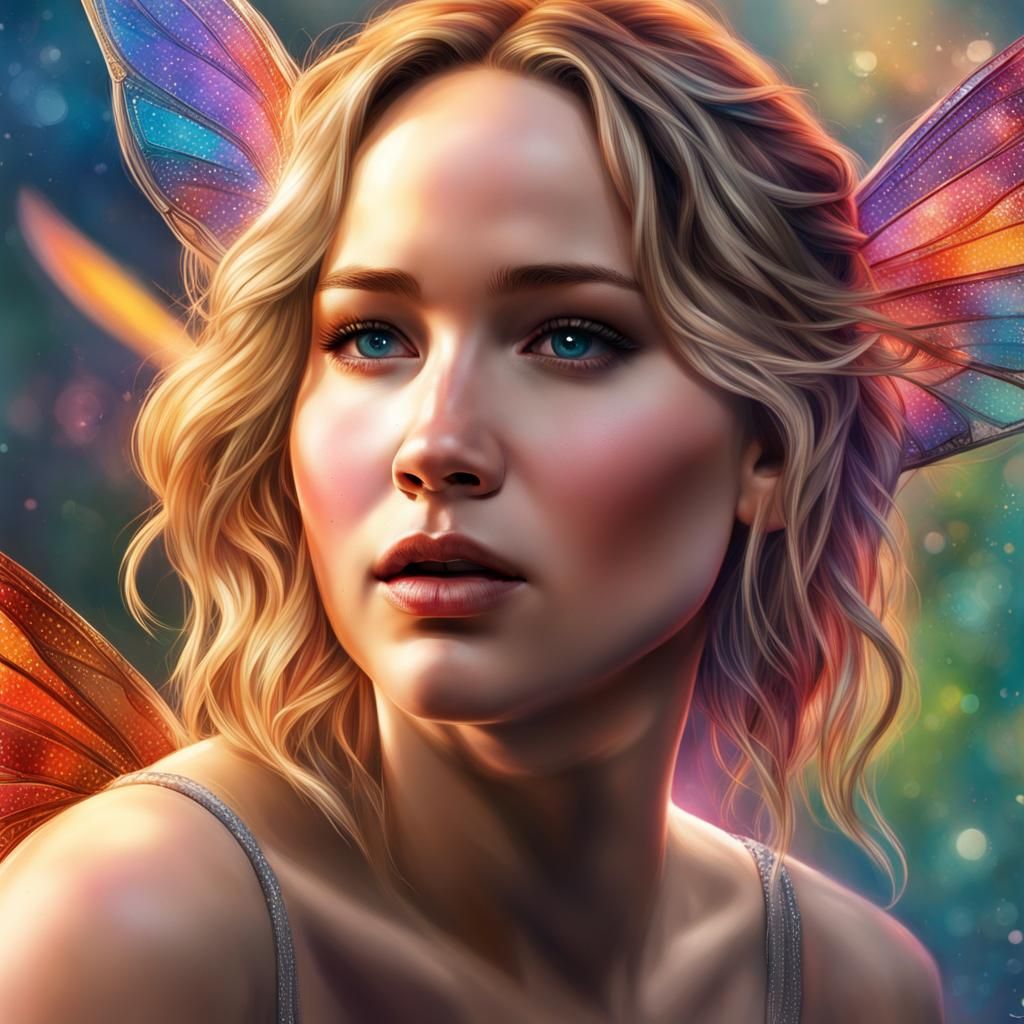 Jennifer Lawrence as Hyperrealistic Fairy in Splash Art