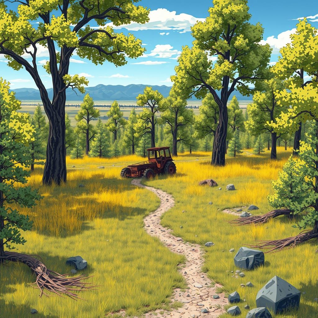 Ethereal Post-Modern Clearing with Abandoned Farm Equipment