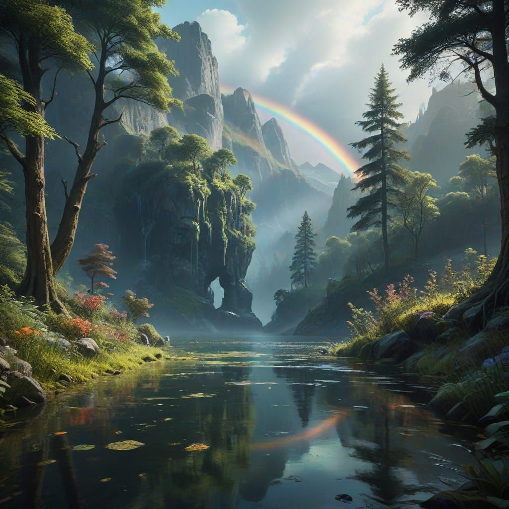Lone Figure in Serene Lake Landscape with Rainbow