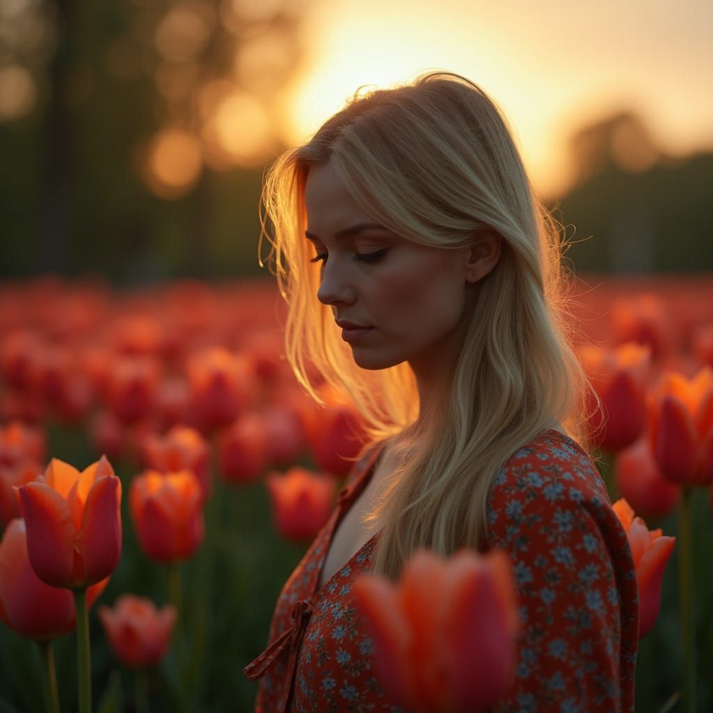 Ethereal Blonde Woman Lost in Tulip Landscape