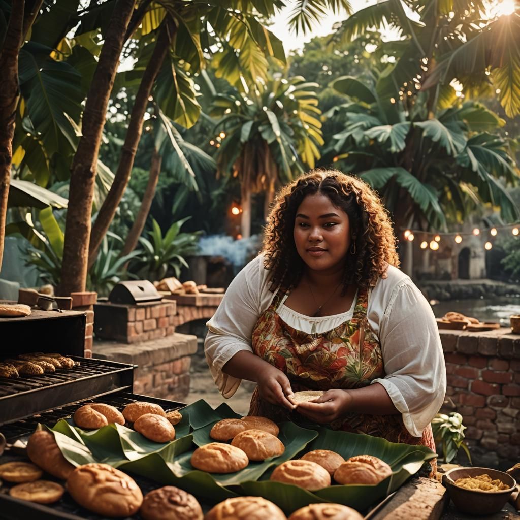 Caribbean Woman Baking Bread in a Chic Film Still