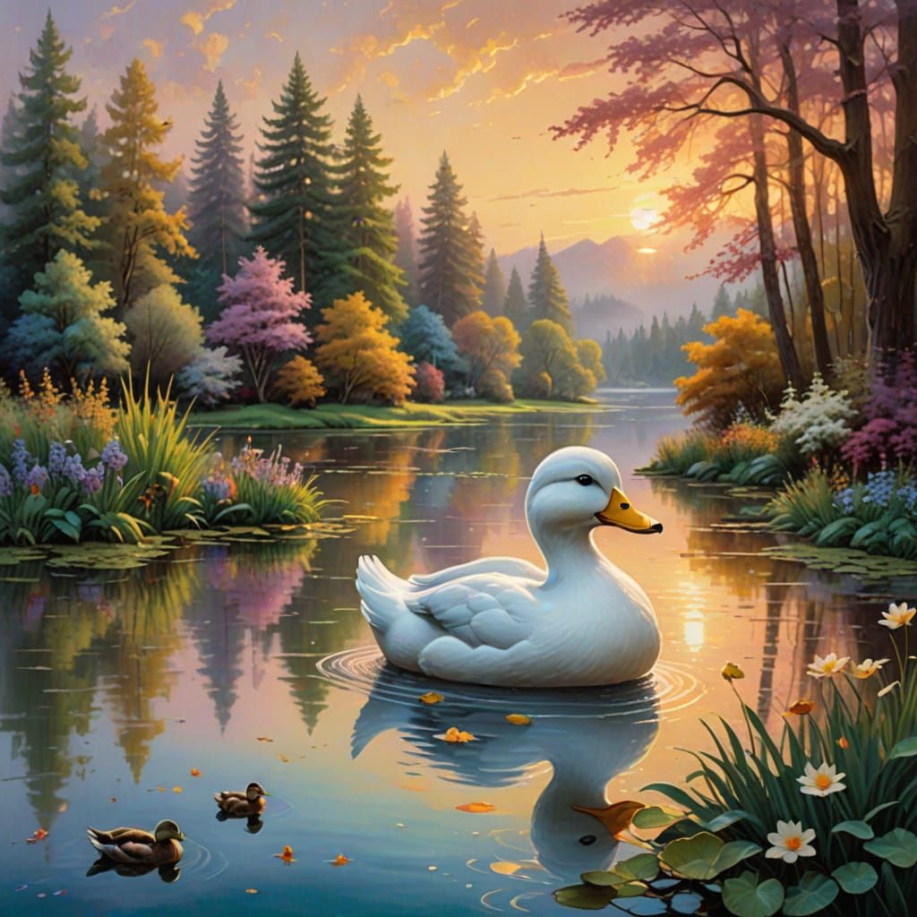 Whimsical Inflatable Duck Scene in Dreamy Thomas Kinkade Sty...
