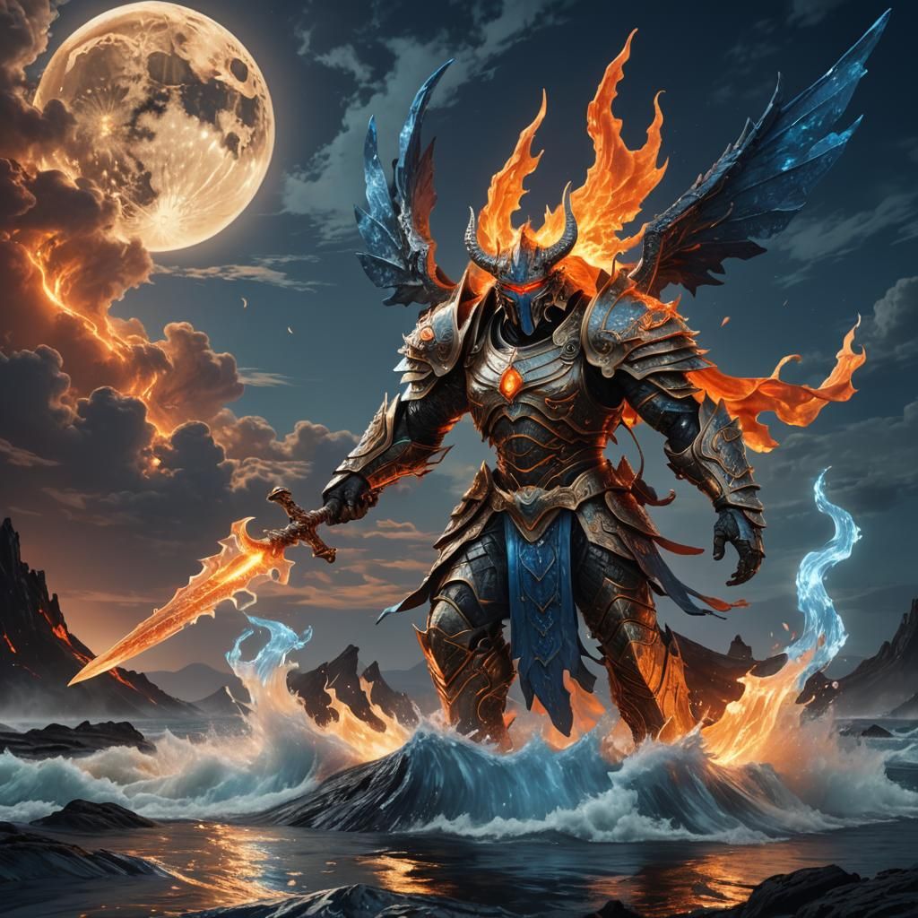 Armored Lava God with Flame Sword in Moonlight