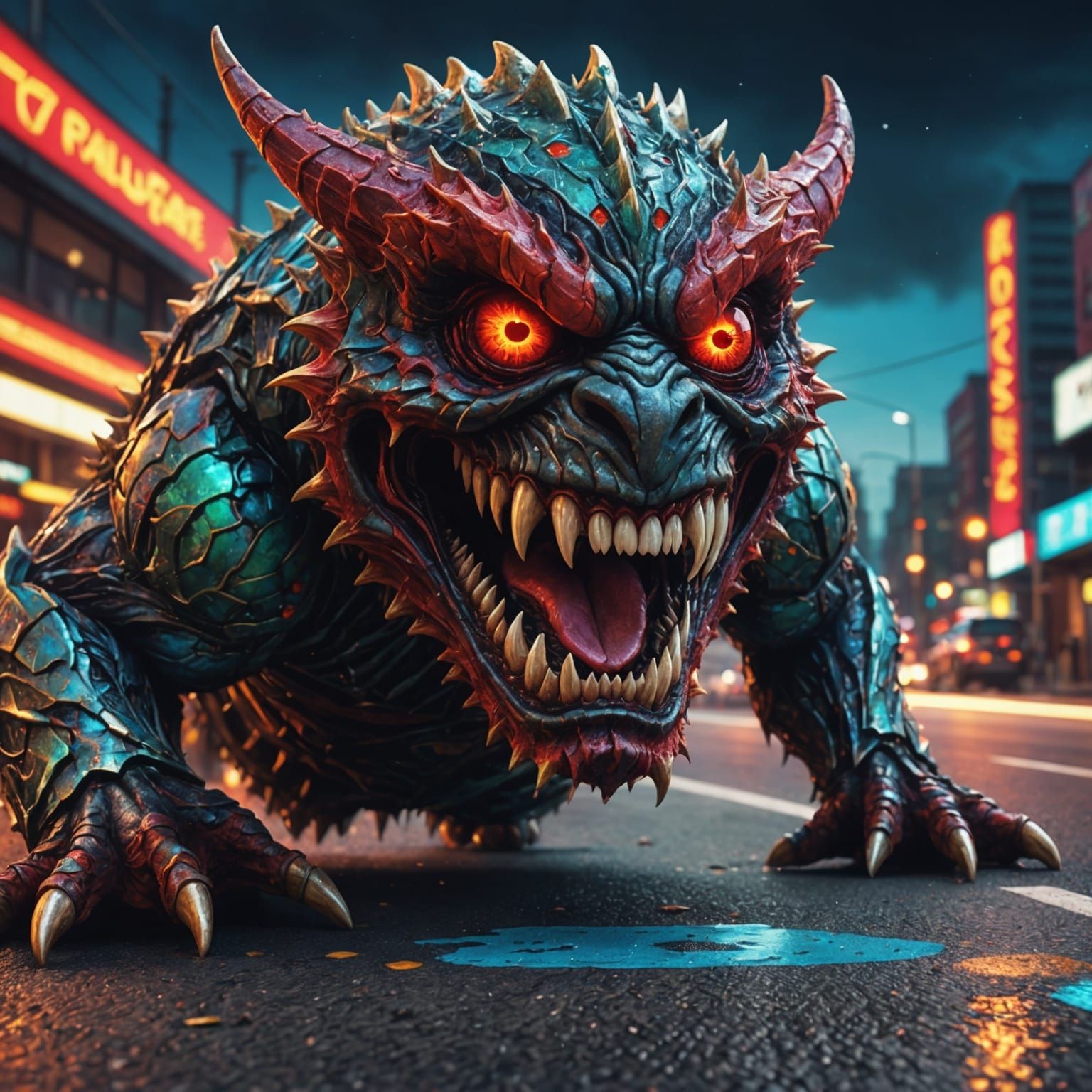 Hyperrealistic Red-Eyed Monster on Road