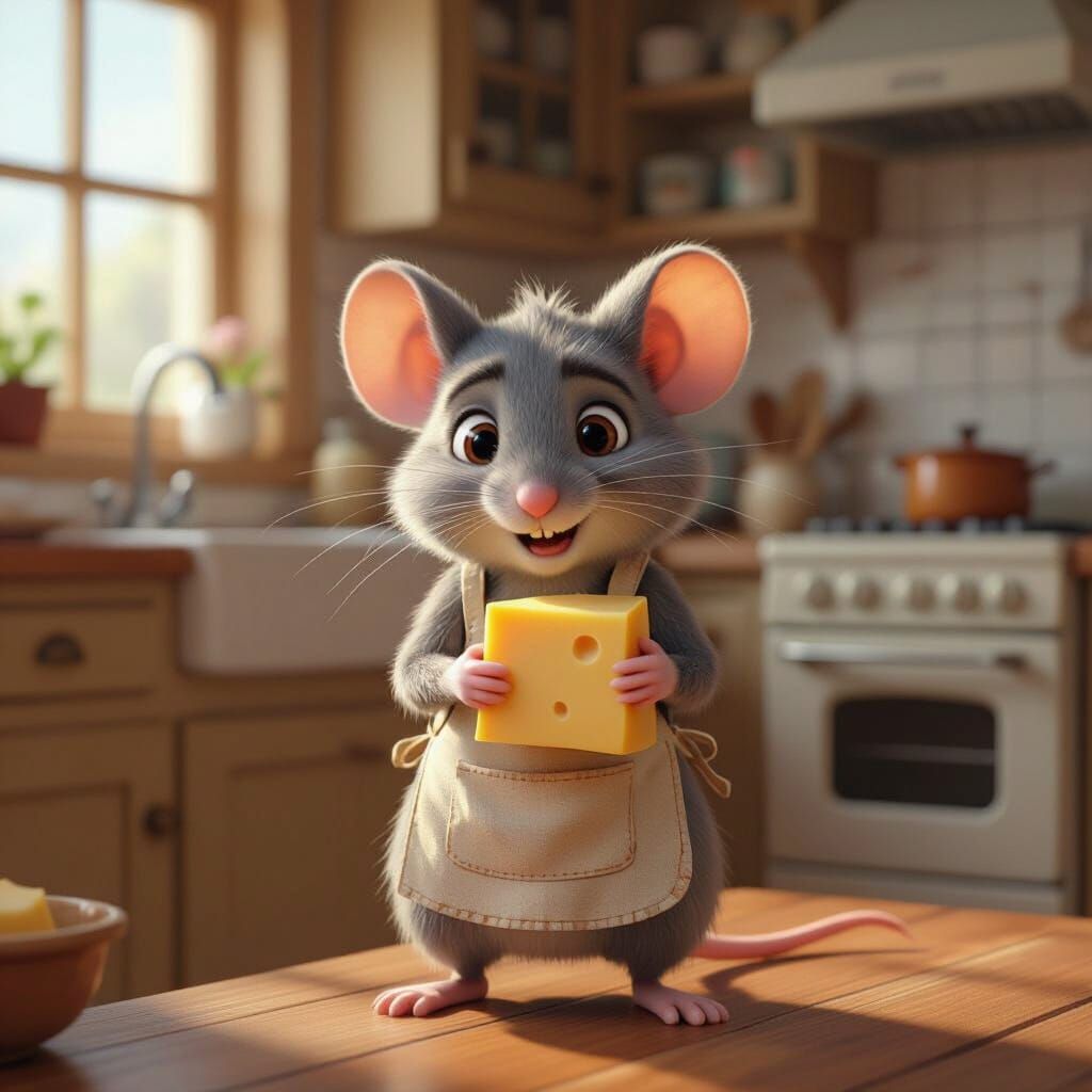 Embarrassed Mouse Chef with Cheese in Pixar CGI Style