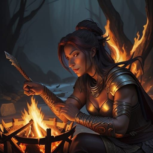 Warrior Woman Rests By Campfire In Epic Fantasy Art