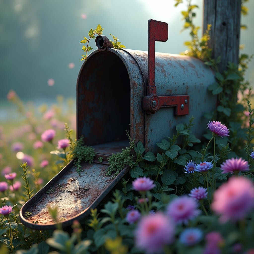 Moody Whimsy: A Weathered Mailbox Amidst Vibrant Wildflowers