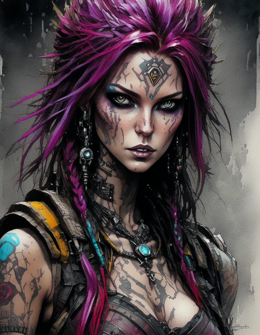 Fantasy Punk Heroine in Dark Forest, Luis Royo Style