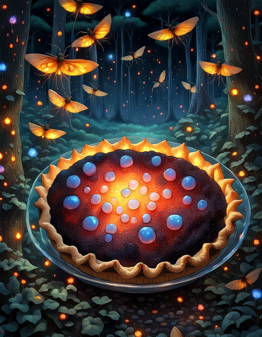 Glowing Glass Pie in Enchanted Forest, Digital Art