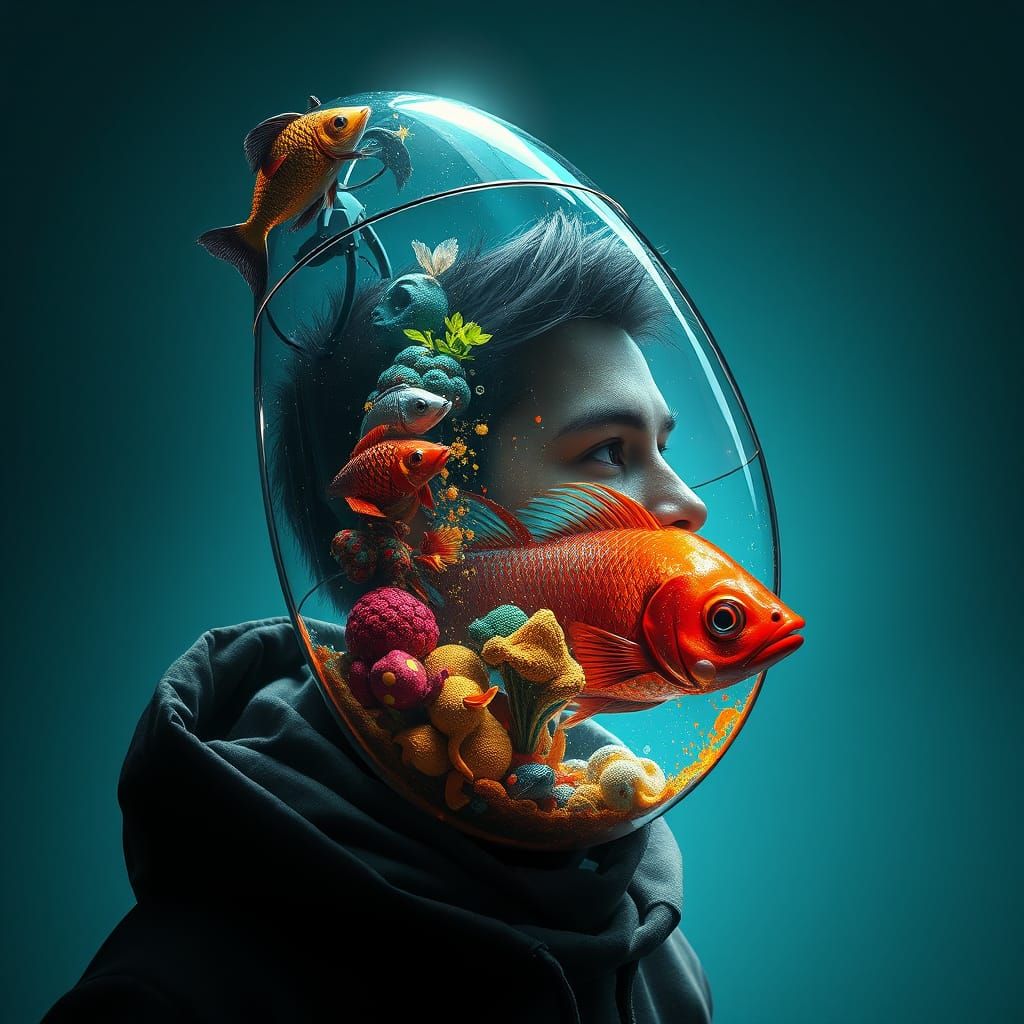 Surreal Glass Rocket Ship Fish Tank Portrait in Triadic Colo...