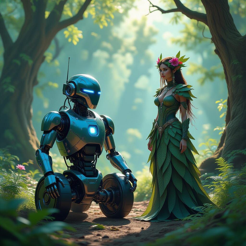 Futuristic Droid Meets Enchanted Forest Dryad
