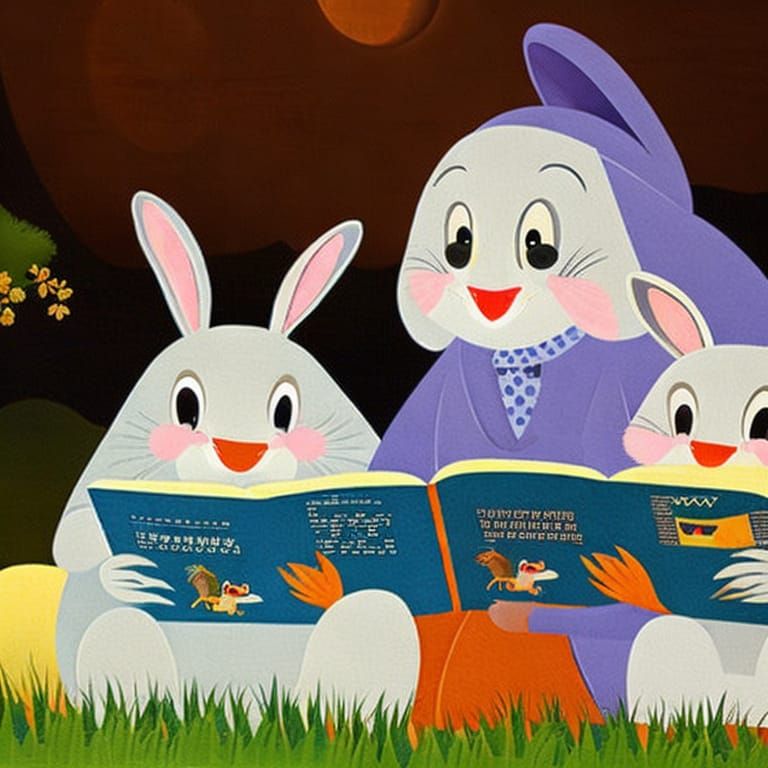 Three generations of cartoon rabbits , grandma rabbit, mama rabbit and baby rabbit, reading night time stories, cute, im...