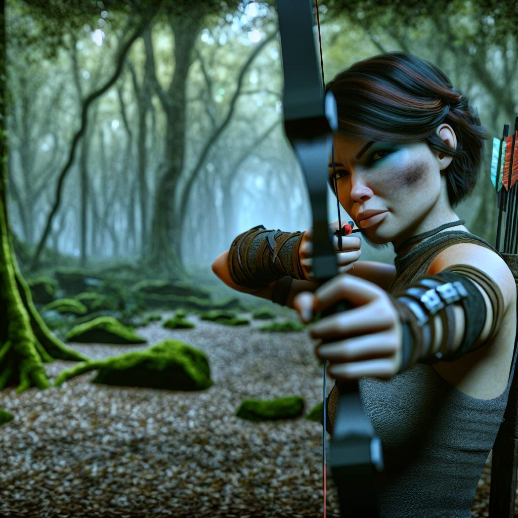 Female Archer Takes Aim in Forest Setting