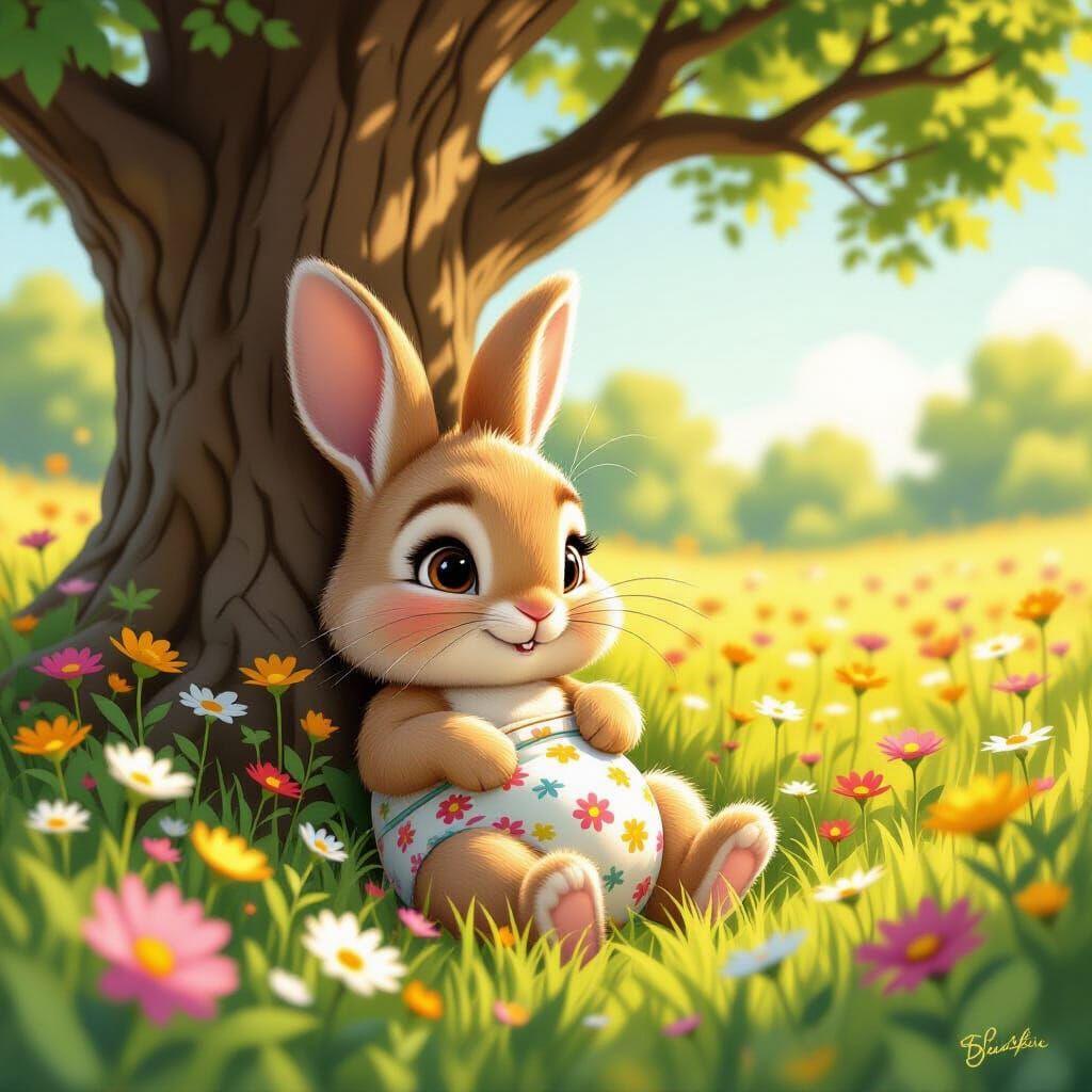 Fluffy Bunny Rests in Wildflower Field Under Oak Tree