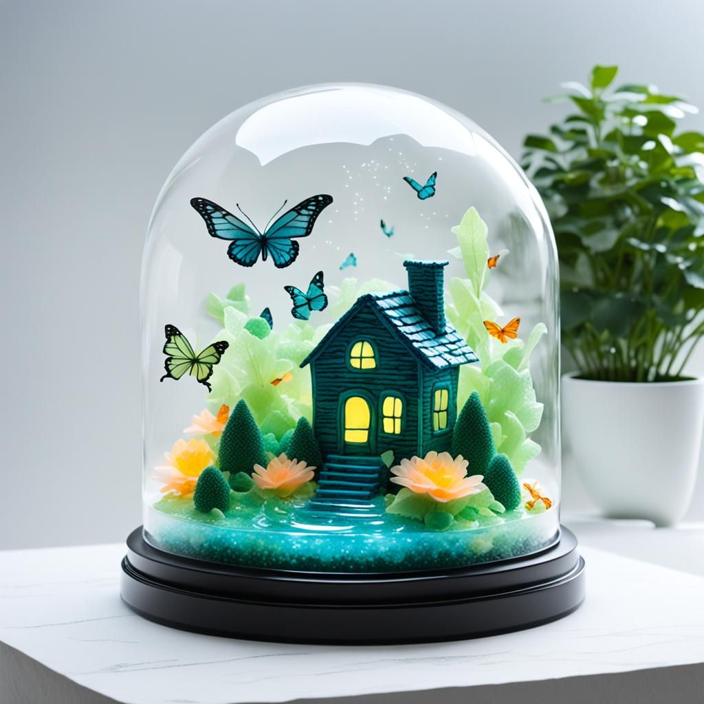 Gelatin Dome Encapsulating a Neon Butterfly Landscape