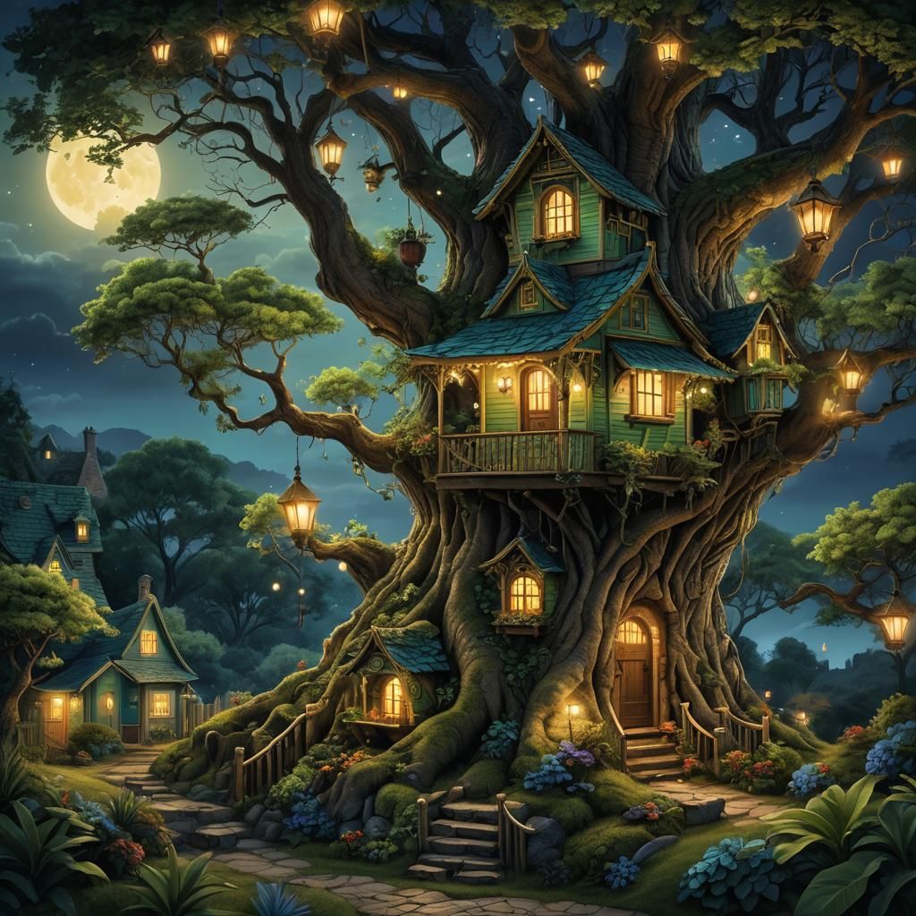 Enchanting Treehouse Illuminated by Fireflies as Digital Art