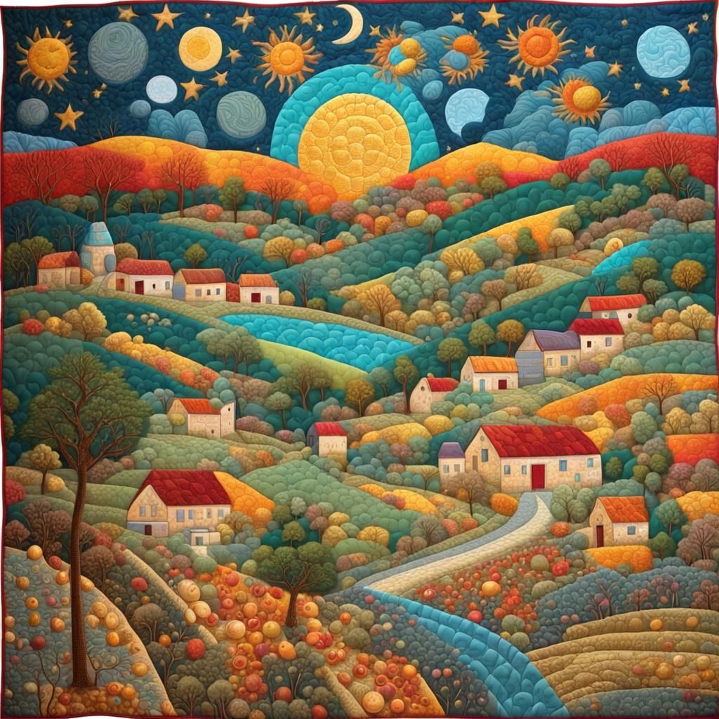 Detailed Patchwork Quilt with Rural and Celestial Scenes