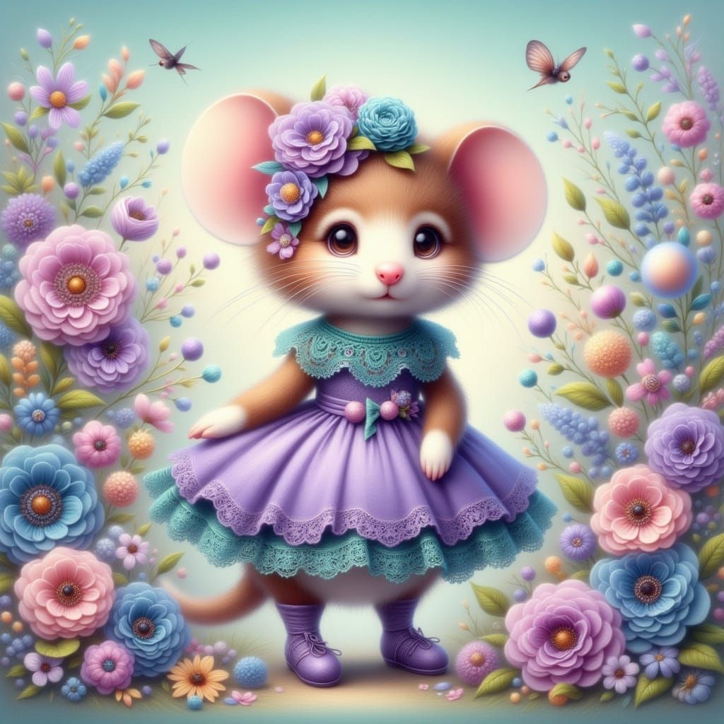Cute Mouse in Lavender Dress with Floral Accents