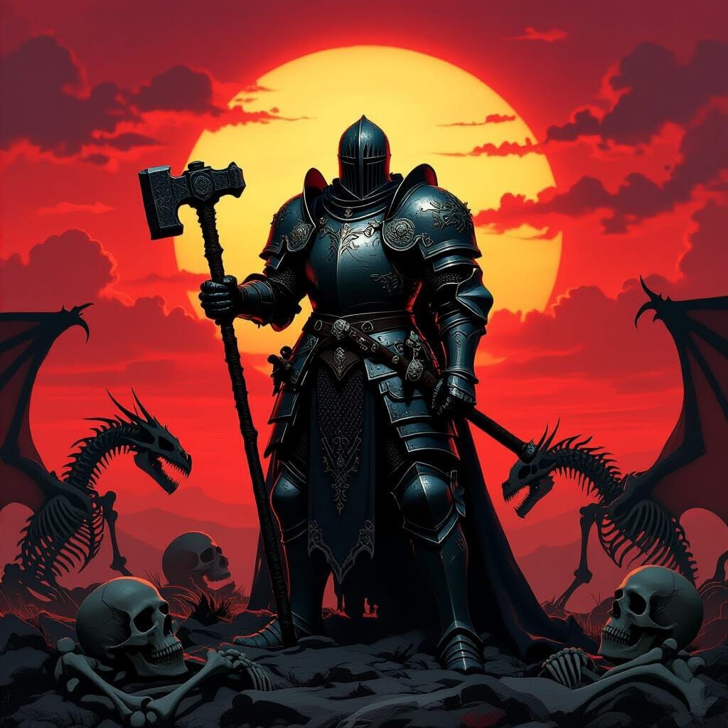 Armored Knight Silhouette with Warhammer in Dark Fantasy Sty...