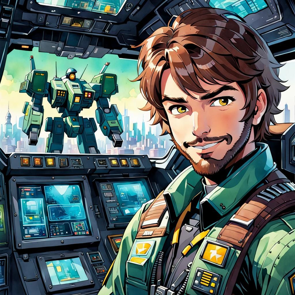 Mech Pilot in City Street, Watercolor Illustration