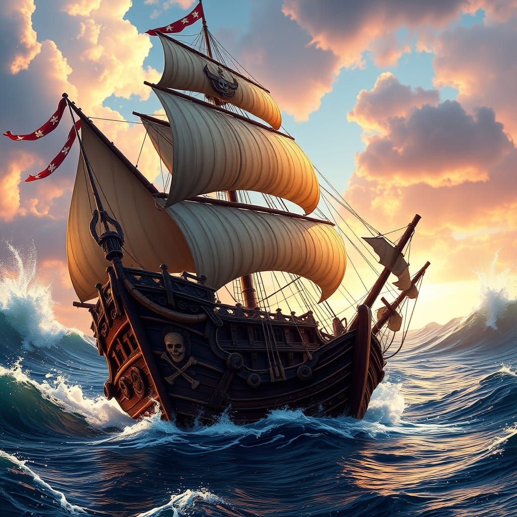 Majestic Pirate Ship in Vibrant, Fantastical Ocean Setting
