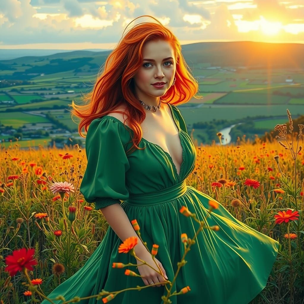 Irish Beauty in Wildflower Field at Dawn