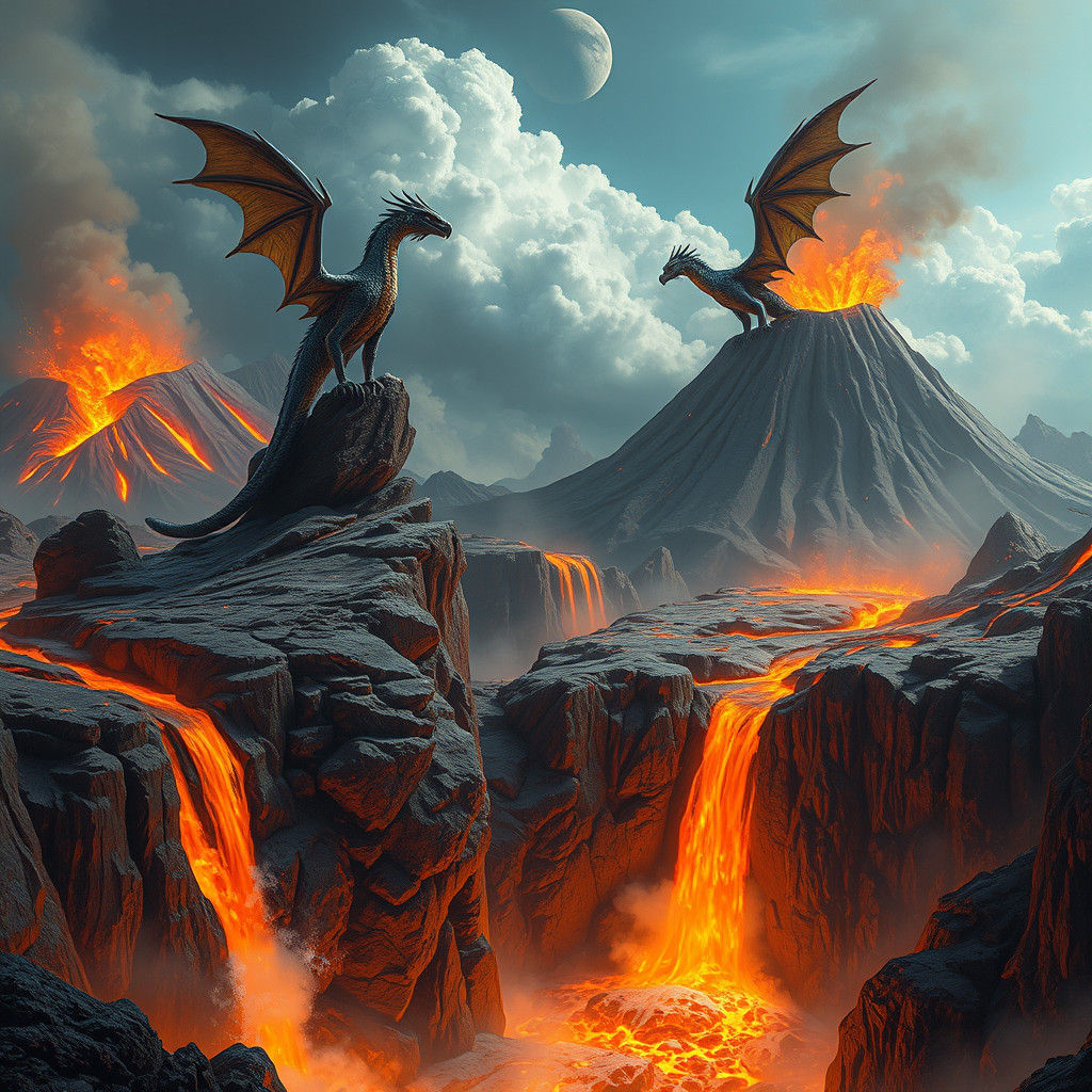Volcanic Drake Landscape in Detailed Matte Painting Style