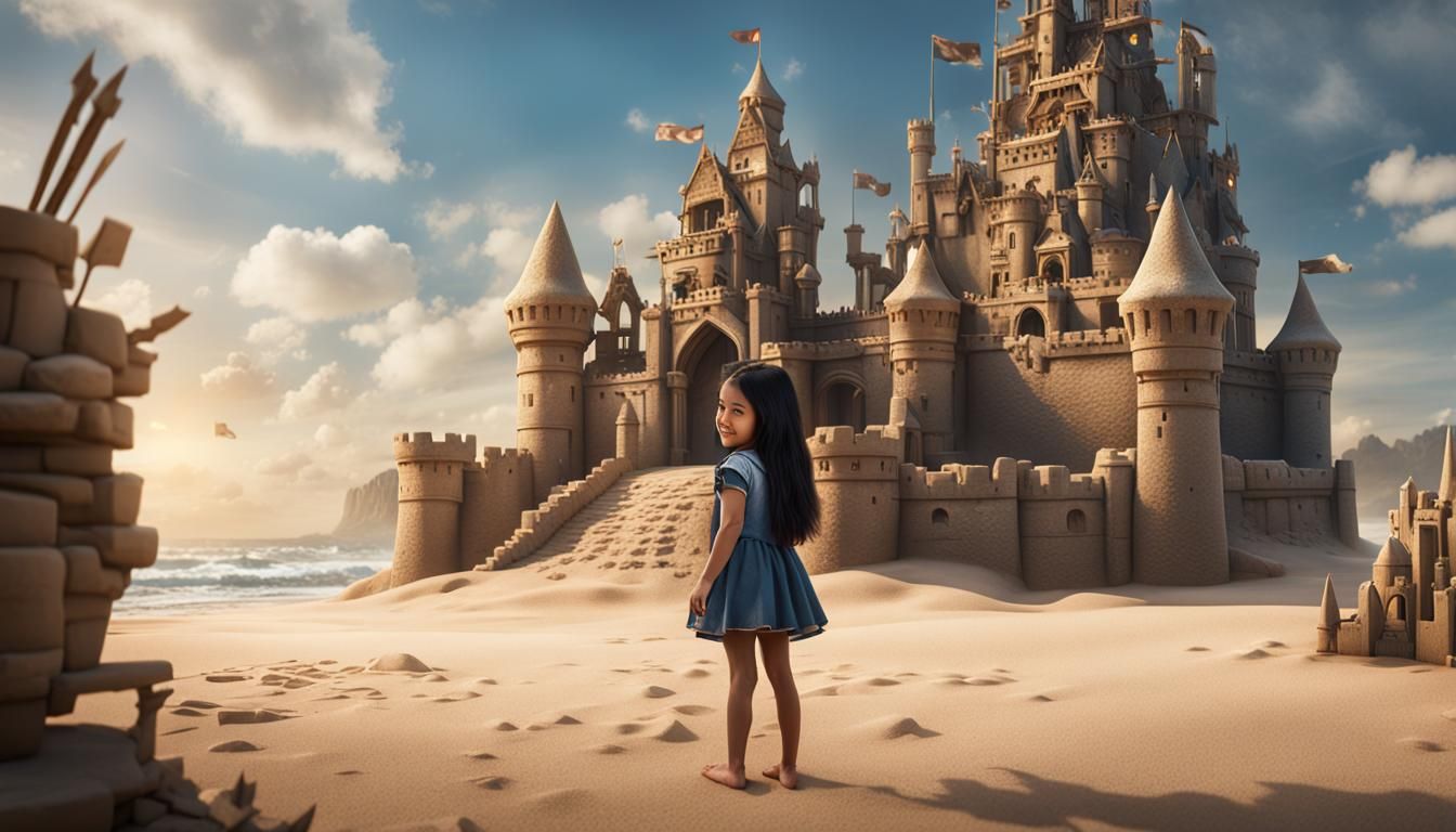 Smiling Girl and Sandcastle: Fantasy Art