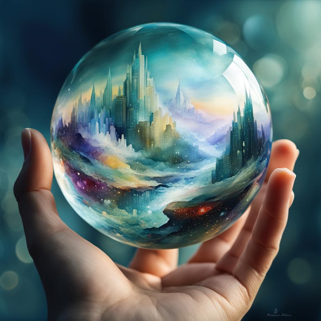 Glass Sphere Containing Impossible World in Art Brut Style