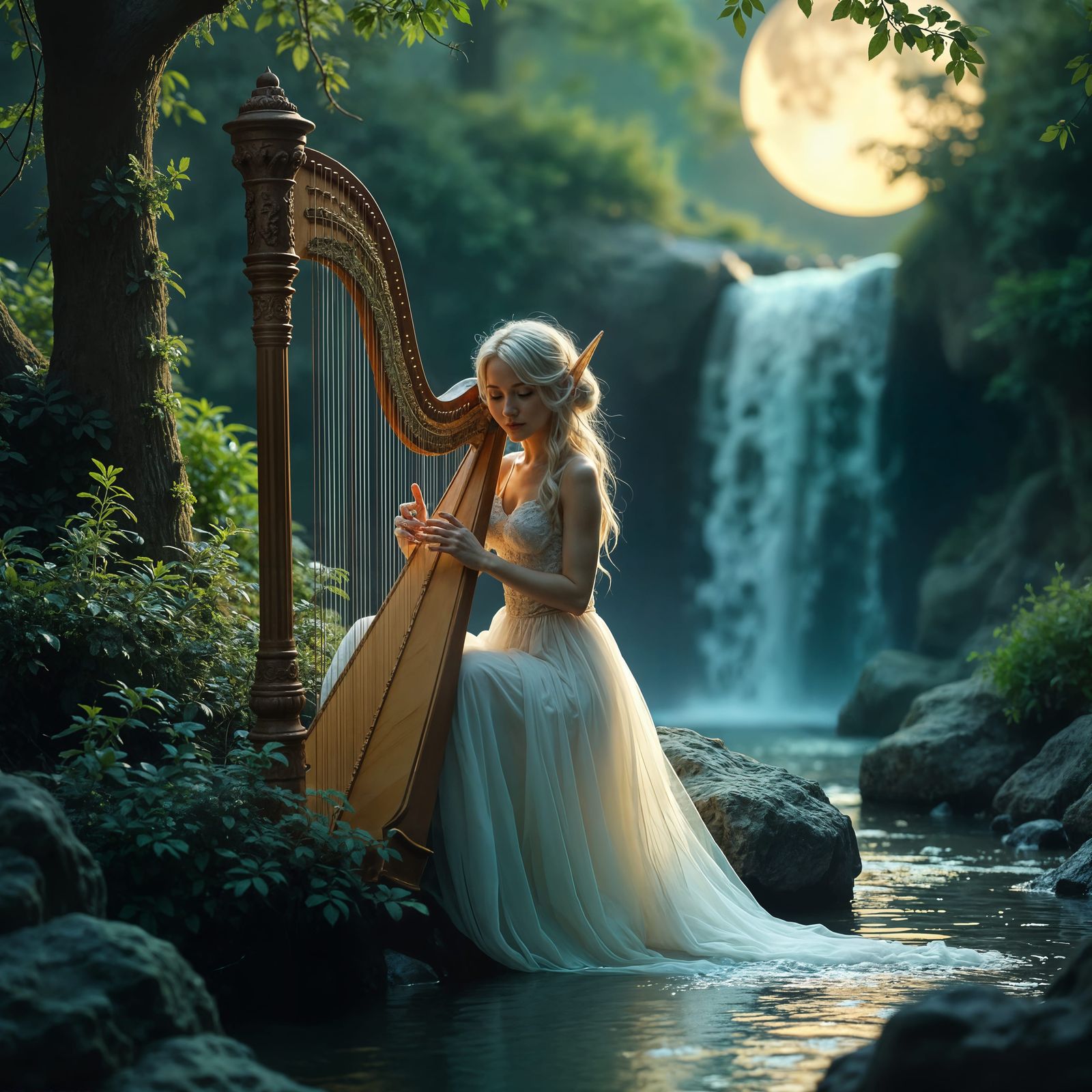 Moonlit Elf Princess Harping in Enchanted Garden